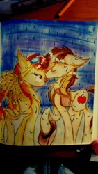 Size: 670x1191 | Tagged: artist:snowshine5, braeburn, derpibooru import, female, hatless, male, missing accessory, rain, safe, shipping, spitburn, spitfire, straight, traditional art