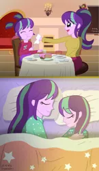 Size: 3136x5393 | Tagged: safe, artist:sumin6301, derpibooru import, part of a set, starlight glimmer, equestria girls, adopted offspring, alternate hairstyle, dinner, double the glimmer, glimmerdoption, good end, heartwarming, loose hair, mama starlight, parent, parent:starlight glimmer, self adoption, self paradox, sleeping, starlight the match girl, this will end in timeline distortion, time paradox, younger