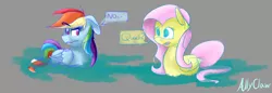 Size: 1280x441 | Tagged: artist:allyclaw, behaving like a bird, derpibooru import, dialogue, duck, duck pony, duo, flutterduck, fluttershy, pegaduck, rainbow dash, rainbow duck, safe, speech bubble, swimming, water