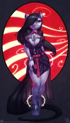 Size: 681x1200 | Tagged: safe, artist:atryl, derpibooru import, octavia melody, anthro, earth pony, unguligrade anthro, arm behind back, bedroom eyes, bowtie, breasts, chains, clothes, crossover, cuffs, dress, female, full body, hair over one eye, manacles, mask, missing shoes, patreon, patreon logo, phantom of the opera, sexy, shackles, smiling, socks, solo, stockings, thigh highs