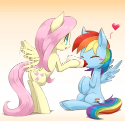 Size: 1021x985 | Tagged: safe, artist:hashioaryut, derpibooru import, fluttershy, rainbow dash, pony, adult foal, baby bottle, bipedal, blushing, cute, dashabetes, eyes closed, feeding, flapping, gradient background, heart, hoof hold, open mouth, shyabetes, sitting, smiling, spread wings, underhoof