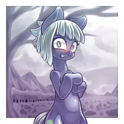 Size: 3000x3000 | Tagged: safe, artist:kaikoinu, derpibooru import, limestone pie, earth pony, pony, bipedal, blushing, female, looking at you, mare, mountain, mountain range, pixiv, rock farm, solo, tree