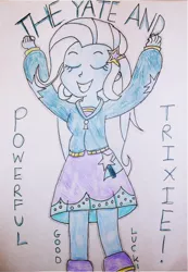 Size: 952x1376 | Tagged: safe, artist:blazingdazzlingdusk, derpibooru import, trixie, equestria girls, drawing, eyes closed, great and powerful, solo, traditional art