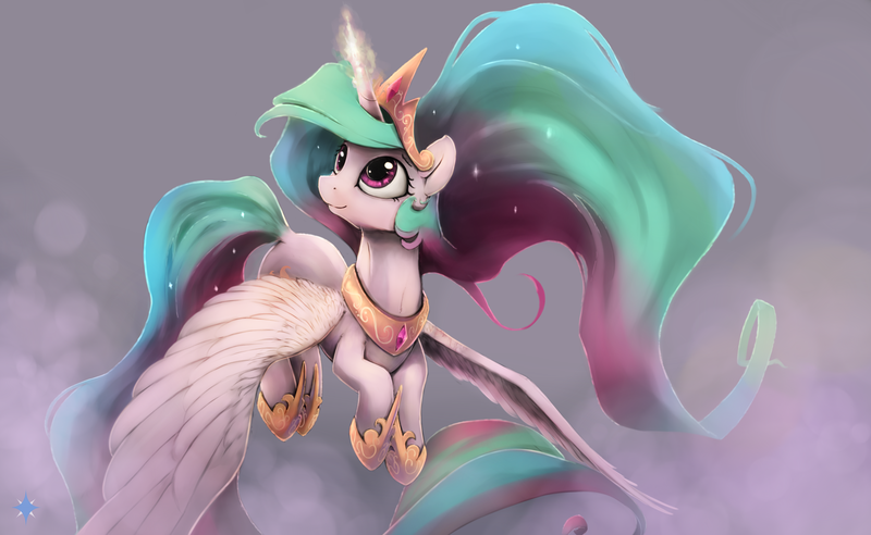 Size: 2600x1600 | Tagged: dead source, safe, artist:noctilucent-arts, derpibooru import, princess celestia, alicorn, pony, airborne, collar, crown, cute, cutelestia, dock, female, fluffy, flying, glowing horn, jewelry, looking up, magic, majestic, mare, necklace, regalia, simple background, smiling, solo, spread wings, tiara, wings