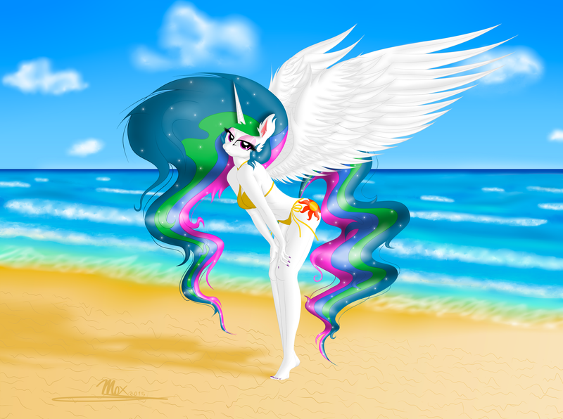 Size: 7341x5468 | Tagged: absurd resolution, anthro, artist:max, barefoot, beach, bedroom eyes, belly button, bikini, bikini top, breasts, busty princess celestia, clothes, curvy, derpibooru import, feet, female, long legs, looking at you, nail polish, ocean, plantigrade anthro, praise the sun, princess celestia, sensual, side-tie bikini, smiling, solo, solo female, spread wings, string bikini, stupid sexy celestia, suggestive, sultry pose, sunbutt, swimsuit, toenail polish, toenails, toes, yellow swimsuit