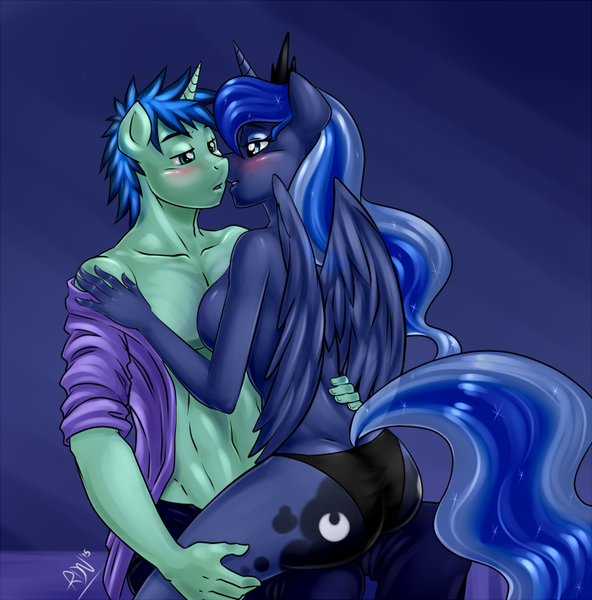 Size: 700x709 | Tagged: questionable, artist:pia-sama, derpibooru import, princess luna, oc, oc:moonlit knight, alicorn, anthro, unicorn, abs, anthro oc, ass, bare chest, belly button, black panties, black underwear, blushing, breasts, busty princess luna, canon x oc, clothes, crown, female, male, nudity, panties, shipping, shirt, straight, the ass was fat, topless, underwear