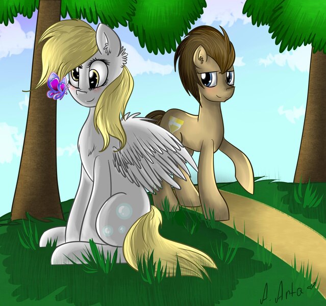 Size: 2182x2048 | Tagged: safe, artist:arta-the-pony, derpibooru import, derpy hooves, doctor whooves, time turner, butterfly, pegasus, pony, female, mare, tree