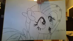 Size: 1024x576 | Tagged: artist:dcdavid28, clothes, derpibooru import, dress, fluttershy, gala dress, kindness, monochrome, pencil drawing, photo, safe, solo, the best night ever, traditional art