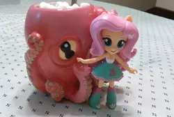 Size: 2117x1426 | Tagged: safe, artist:depressedcomedian, derpibooru import, fluttershy, octopus, equestria girls, clothes, doll, equestria girls minis, eqventures of the minis, figure, figurine, food, hot chocolate, irl, marshmallow, mug, photo, skirt, solo, tanktop, toy