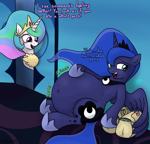 Size: 1112x1063 | Tagged: artist:variant, belly, big belly, death, derpibooru import, digestion, fetish, grimdark, implied oc, lunapred, mercury shine having another bad time, oc, oc:mercury shine, on back, post-vore, princess celestia, princess luna, questionable, stomach noise, vore