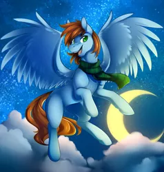 Size: 2000x2100 | Tagged: safe, artist:duskyamore, derpibooru import, oc, oc:sorren, unofficial characters only, pegasus, pony, flying, green eyes, moon, necklace, night, solo, stars, wings