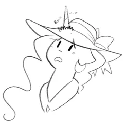 Size: 472x485 | Tagged: artist:egophiliac, bust, derpibooru import, dork, hat, monochrome, princess celestia, princess dorklestia, sad, safe, sketch, solo, sun hat