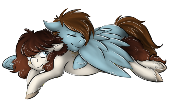 Size: 699x420 | Tagged: safe, artist:cnat, derpibooru import, oc, oc:charlie, oc:sorren, unofficial characters only, earth pony, pegasus, pony, charren, couple, cuddling, cute, prone, simple background, snuggling, wings