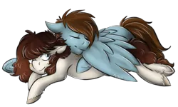 Size: 699x420 | Tagged: safe, artist:cnat, derpibooru import, oc, oc:charlie, oc:sorren, unofficial characters only, earth pony, pegasus, pony, charren, couple, cuddling, cute, prone, simple background, snuggling, wings