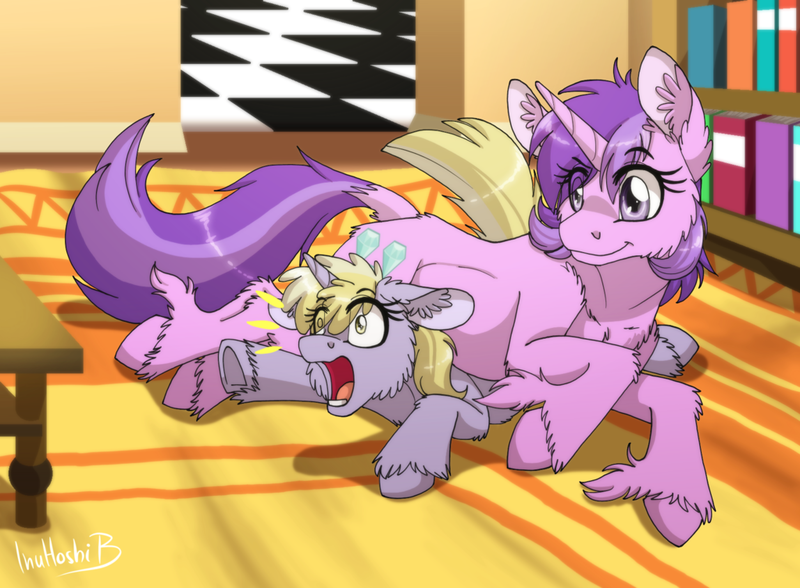 Size: 1024x753 | Tagged: safe, artist:inuhoshi-to-darkpen, derpibooru import, amethyst star, dinky hooves, pony, unicorn, fanfic:the new life of a winning pony, winningverse, bookshelf, carpet, cute, dinkabetes, dock, duo, duo female, eye clipping through hair, fanfic art, female, filly, fluffy, foal, house, mare, open mouth, prone, sibling rivalry, sibling teasing, siblings, signature, sisters, smiling, underhoof, unshorn fetlocks, wrestling