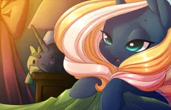 Size: 5100x3300 | Tagged: :3, aquapony, artist:starshinebeast, bed, bedroom, bedroom eyes, curtains, cute, derpibooru import, female, filly, foal, oc, oc:tidal charm, open mouth, original species, plushie, safe, seaunicorn, sleepy, solo, toy, unofficial characters only