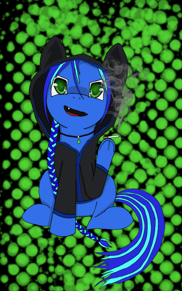 Size: 800x1280 | Tagged: safe, derpibooru import, oc, oc:fae, oc:forlorn fate, unofficial characters only, earth pony, pony, avatar, bicolor mane, braid, cigarette, clothes, green eyes, hoodie, long hair, long mane, pendant, sitting, smoking, snaggletooth, solo, underhoof