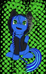 Size: 800x1280 | Tagged: safe, derpibooru import, oc, oc:fae, oc:forlorn fate, unofficial characters only, earth pony, pony, avatar, bicolor mane, braid, cigarette, clothes, green eyes, hoodie, long hair, long mane, pendant, sitting, smoking, snaggletooth, solo, underhoof