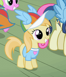 Size: 397x463 | Tagged: safe, derpibooru import, screencap, alula, bon bon, daisy, flower wishes, noi, sweetie drops, earth pony, pony, the mysterious mare do well, animated, background pony, clothes, cute, fake wings, female, filly, grin, hat, heart, mare, noiabetes, open mouth, rainbow dash fan, rainbow dash fanclub, smiling, solo focus, squee, wig