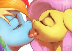 Size: 650x466 | Tagged: suggestive, artist:raikoh, derpibooru import, fluttershy, rainbow dash, pony, boop, bust, eyes closed, female, floppy ears, flutterdash, french kiss, kissing, lesbian, lidded eyes, mare, nose wrinkle, portrait, shipping, simple background, sloppy kissing, tongue out, white background