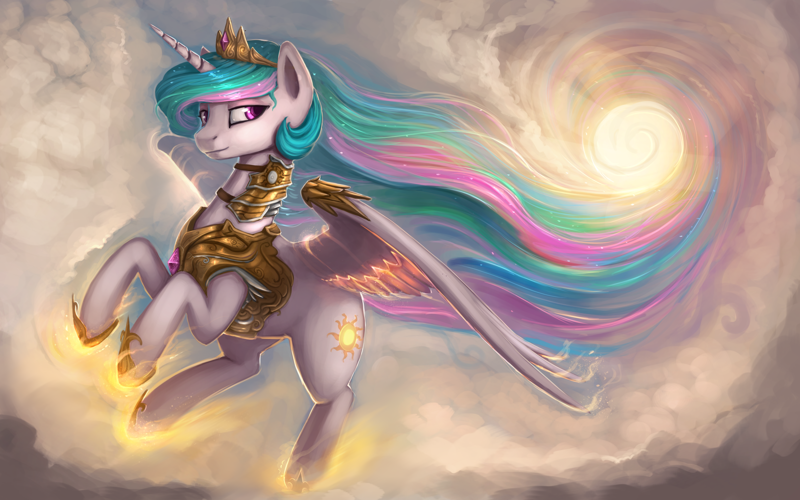 Size: 1920x1200 | Tagged: safe, artist:rain-gear, derpibooru import, princess celestia, alicorn, pony, armor, cloud, crown, cutie mark, female, flying, horseshoes, jewelry, lidded eyes, mare, princess shoes, raised hoof, regalia, royalty, smiling, solo, sparkles, spread wings, tiara, wallpaper, warrior, warrior celestia, wings