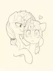 Size: 3617x4809 | Tagged: safe, artist:yellowrobin, derpibooru import, sunset shimmer, twilight sparkle, pony, blushing, female, heart, kiss on the cheek, kissing, lesbian, monochrome, pencil drawing, shipping, simple background, sunsetsparkle, traditional art