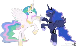 Size: 10820x6620 | Tagged: absurd resolution, artist:90sigma, derpibooru import, eyes closed, happy, hoofbump, open mouth, princess celestia, princess luna, rearing, safe, simple background, transparent background, vector