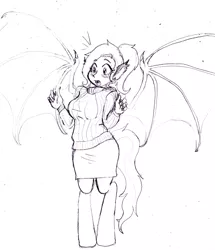 Size: 858x1000 | Tagged: safe, artist:dj-black-n-white, derpibooru import, oc, oc:ivy, unofficial characters only, bat pony, satyr, vampire, vampire fruit bat, clothes, image, jpeg, monochrome, parent:fluttershy, solo, sweater, sweatershy