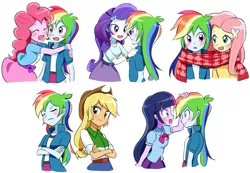 Size: 1927x1335 | Tagged: safe, artist:ryuu, derpibooru import, applejack, fluttershy, pinkie pie, rainbow dash, rarity, twilight sparkle, equestria girls, appledash, blushing, bowtie, clothes, crossed arms, eyes closed, female, flutterdash, lesbian, mane six, pinkiedash, rainbow dash gets all the girls, rainbow dash gets all the mares, raridash, scarf, shared clothing, shared scarf, shipping, simple background, skirt, twidash