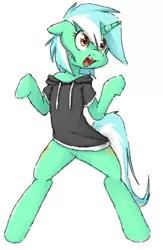 Size: 448x688 | Tagged: safe, artist:apony, derpibooru import, lyra heartstrings, pony, semi-anthro, bipedal, clothes, featureless crotch, flockmod, hoodie, simple background, solo, white background