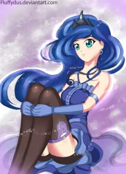 Size: 1636x2248 | Tagged: artist:fluffydus, clothes, derpibooru import, dress, female, human, humanized, princess luna, sitting, socks, solo, solo female, suggestive, thigh highs