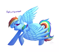 Size: 1865x1649 | Tagged: safe, artist:miss-cats, derpibooru import, rainbow dash, pegasus, pony, bedroom eyes, female, heart, heart eyes, mare, raised hoof, simple background, smiling, smug, solo, speech, spread wings, white background, wingding eyes, wings