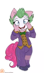 Size: 900x1500 | Tagged: anthro, artist:alasou, bipedal, bowtie, chibi, clothes, cosplay, costume, dc comics, derpibooru import, face paint, grin, patreon, patreon logo, pinkie joker, pinkie pie, safe, simple background, solo, the joker, white background