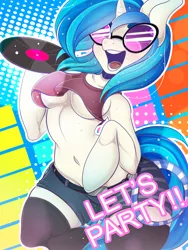 Size: 1200x1600 | Tagged: suggestive, artist:lovepuma69, derpibooru import, vinyl scratch, anthro, semi-anthro, unicorn, arm hooves, belly button, breasts, clothes, female, lp, midriff, record, shorts, socks, solo, solo female, stockings, sunglasses, suspenders, tanktop, underboob