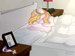 Size: 1024x768 | Tagged: alarm clock, artist:goshhhh, bed, blanket, braid, derpibooru import, end table, eyebrows, eyes closed, female, horn ring, lamp, male, medal, oc, oc:crystal wishes, oc:silent knight, oc x oc, offspring, offspring shipping, parent:jet set, parents:upperset, parent:upper crust, photo, pillow, ring, safe, shipping, silentwishes, sleeping, smiling, snooze, solo, straight, unofficial characters only, wedding photo