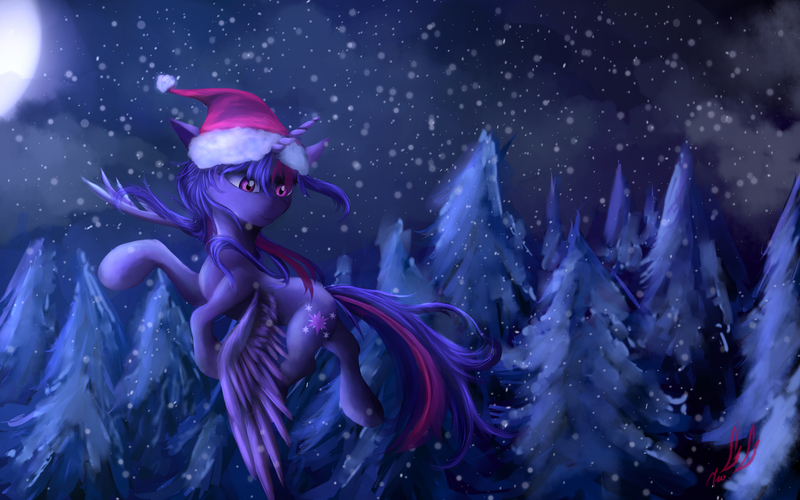 Size: 1920x1200 | Tagged: safe, artist:miokomata, derpibooru import, twilight sparkle, twilight sparkle (alicorn), alicorn, pony, female, flying, forest, hat, mare, moon, night, santa hat, snow, snowfall, solo, winter