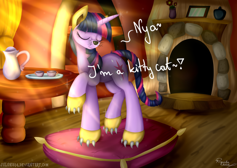 Size: 1600x1131 | Tagged: safe, artist:julunis14, derpibooru import, twilight sparkle, pony, unicorn, spike at your service, behaving like a cat, cat ears, clothes, costume, crepuscular rays, cute, eyes closed, female, mare, pillow, scene interpretation, solo, twilight cat, whiskers