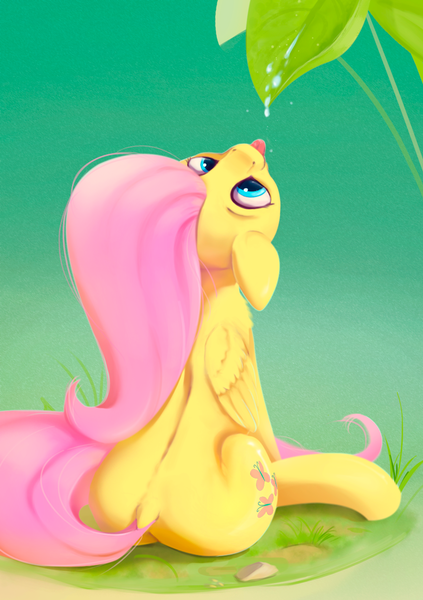 Size: 800x1134 | Tagged: safe, artist:rodrigues404, derpibooru import, fluttershy, pegasus, pony, back, cute, dew, dock, drinking, female, flutterbutt, leaf, looking up, mare, outdoors, plot, shyabetes, sitting, solo, tongue out, water droplet