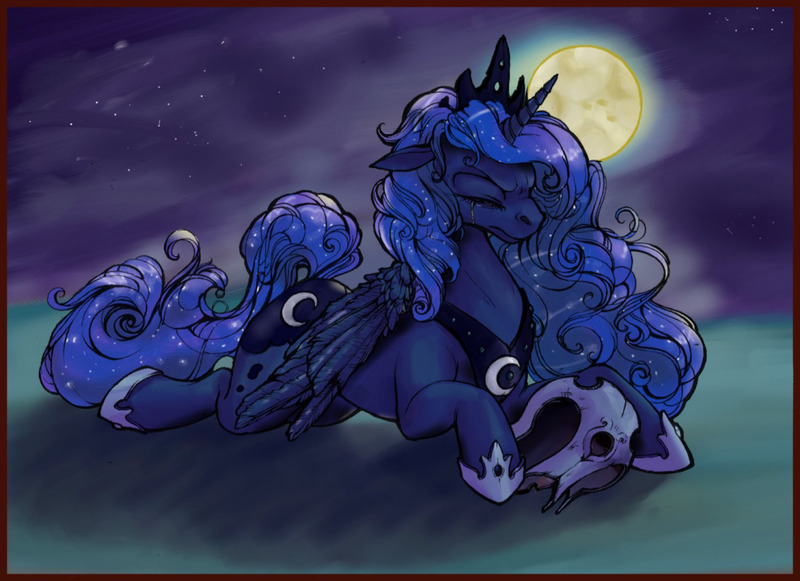 Size: 1280x930 | Tagged: safe, artist:fillyphalanx, derpibooru import, princess luna, alicorn, pony, crying, eyes closed, female, helmet, mare, moon, night, open collaboration, sad, solo