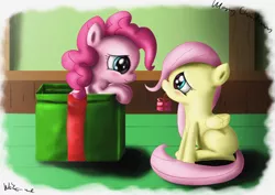 Size: 2500x1770 | Tagged: safe, artist:neko-me, derpibooru import, fluttershy, pinkie pie, pony, box, christmas, cute, diapinkes, duo, eye contact, female, filly, filly fluttershy, filly pinkie pie, gift giving, mouth hold, pony in a box, present, shyabetes, sitting, smiling, younger