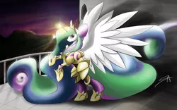 Size: 4000x2500 | Tagged: armor, artist:nakijan, balcony, derpibooru import, magic, princess celestia, raising the sun, rearing, safe, smiling, solo, spread wings, sunrise, sun work