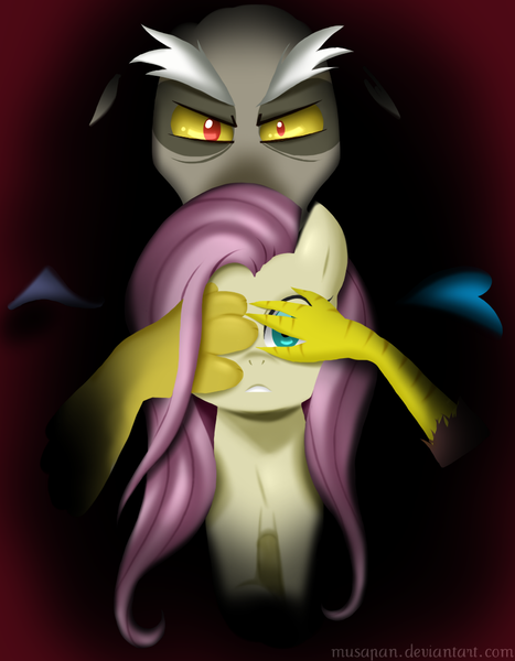 Size: 835x1072 | Tagged: artist:musapan, covering eyes, derpibooru import, discord, duo, fluttershy, safe