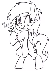 Size: 500x708 | Tagged: safe, artist:traditionaldrawfaglvl1, derpibooru import, oc, oc:anon, oc:anonfilly, unofficial characters only, pony, /mlp/, bipedal, chest fluff, female, filly, grayscale, monochrome, simple background, solo, standing, white background, wink