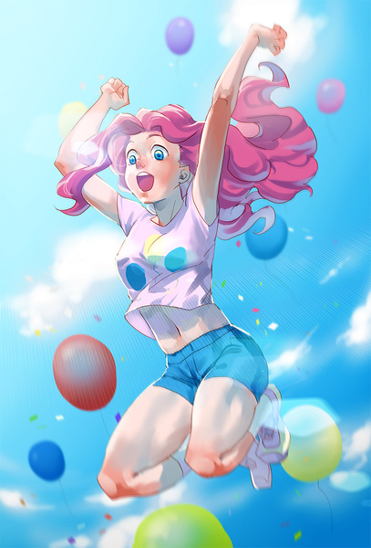 Size: 700x1033 | Tagged: armpits, arms in the air, artist:kiryue, balloon, belly button, clothes, cloud, confetti, derpibooru import, female, human, humanized, jumping, lens flare, midriff, open mouth, pinkie pie, safe, sexy, shirt, shoes, shorts, sky, solo, thighs