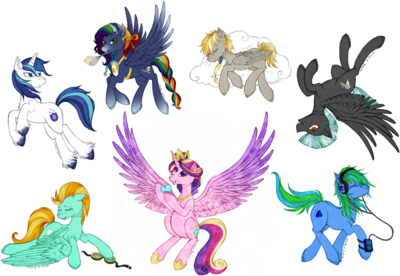 Size: 1076x743 | Tagged: safe, artist:tinuleaf, derpibooru import, lightning dust, princess cadance, shining armor, thunderlane, oc, oc:cloud puff, oc:mirage, oc:sound check, alicorn, crystal pony, earth pony, pegasus, pony, unicorn, mp3 player, offspring, parent:derpy hooves, parent:doctor whooves, parent:rainbow dash, parent:soarin', parents:doctorderpy, parents:soarindash, pregnant