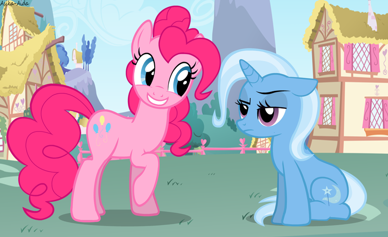 Size: 1550x950 | Tagged: safe, artist:asika-aida, derpibooru import, pinkie pie, trixie, pony, unicorn, female, mare, sitting