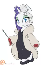 Size: 900x1350 | Tagged: safe, artist:alasou, deleted from derpibooru, derpibooru import, rarity, anthro, plantigrade anthro, unicorn, 101 dalmatians, black dress, chibi, cigarette holder, clothes, cosplay, costume, cruella de vil, dress, female, fur coat, looking at you, mare, patreon, patreon logo, shoes, simple background, smiling, solo, white background