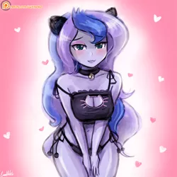 Size: 750x750 | Tagged: suggestive, artist:lumineko, derpibooru import, princess luna, human, equestria girls, 30 minute art challenge, adorasexy, animal ears, bedroom eyes, bell, bell collar, belly button, black underwear, blushing, boob window, bra, breasts, busty princess luna, cat bell, cat ears, cat keyhole bra set, cat lingerie, choker, cleavage, clothes, collar, crop top bra, cute, eyeshadow, female, frilly underwear, grin, heart, humanized, lingerie, looking at you, lunabetes, makeup, moe, panties, patreon, patreon logo, sexy, side knot underwear, smiling, solo, solo female, sweet dreams fuel, underwear, vice principal luna
