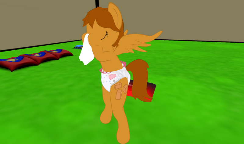 Size: 1440x850 | Tagged: questionable, artist:drizzle-star, derpibooru import, oc, oc:caramel drizzle, unofficial characters only, pony, 3d, bipedal, diaper, diaper fetish, handkerchief, nose blowing, second life, solo, tissue