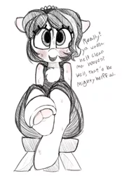 Size: 635x914 | Tagged: artist:whydomenhavenipples, chest fluff, derpibooru import, dialogue, female, hoof fetish, hooves, monochrome, oc, oc:dairy anne, safe, solo, underhoof, unofficial characters only